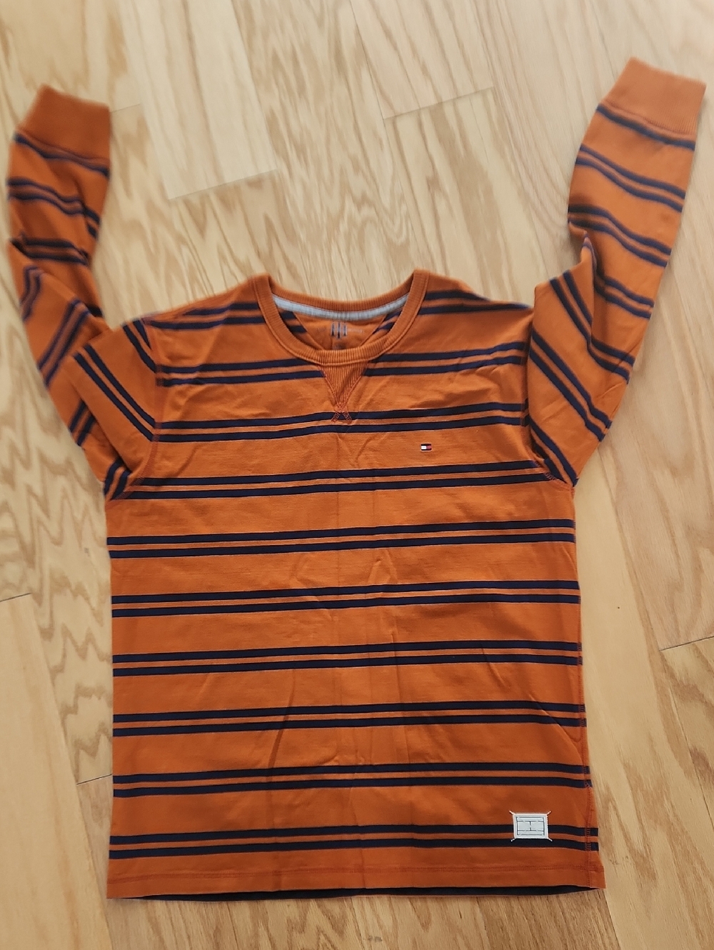 Tommy Hilfiger Orange and Navy Striped Long-Sleeve Tee Large